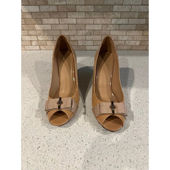 Tory Burch Trudy Patent Bow Wedges 9.5 shoes peep toe heels - Picture 1 of 7
